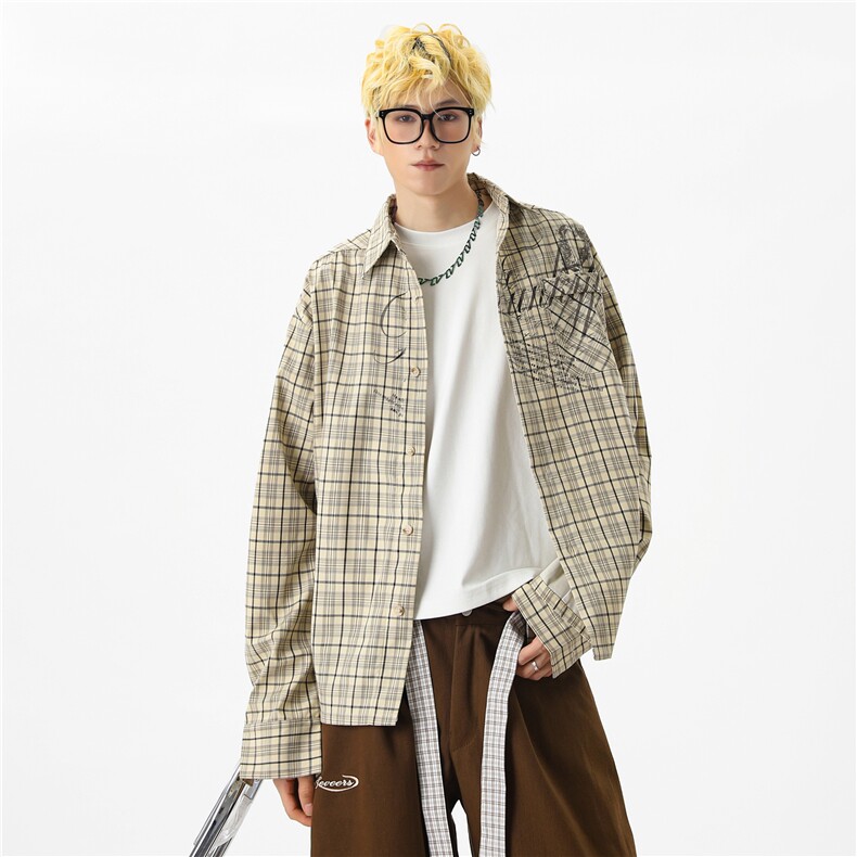 【现货】XZ612-N7021-特P43格纹翻领字母印花长袖衬衫，男装衬衫，星座612