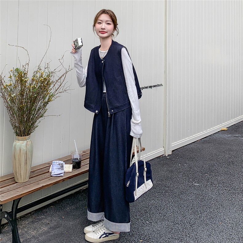 时尚复古设计感牛仔马甲套装女2025春夏新款韩版休闲阔腿裤两件套图片