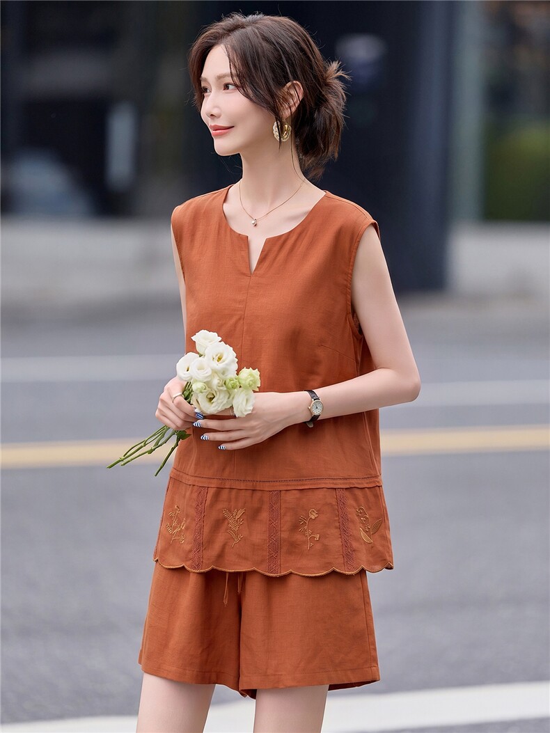 2026夏季棉麻刺绣短裤套装,女装套装/套裙,曼琳思菲
