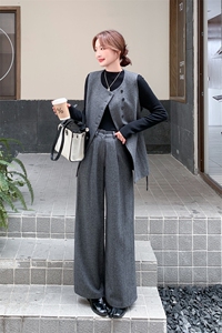 韩系灰色西装马甲两件套女2025春秋季新款高级感显瘦阔腿长裤套装图片