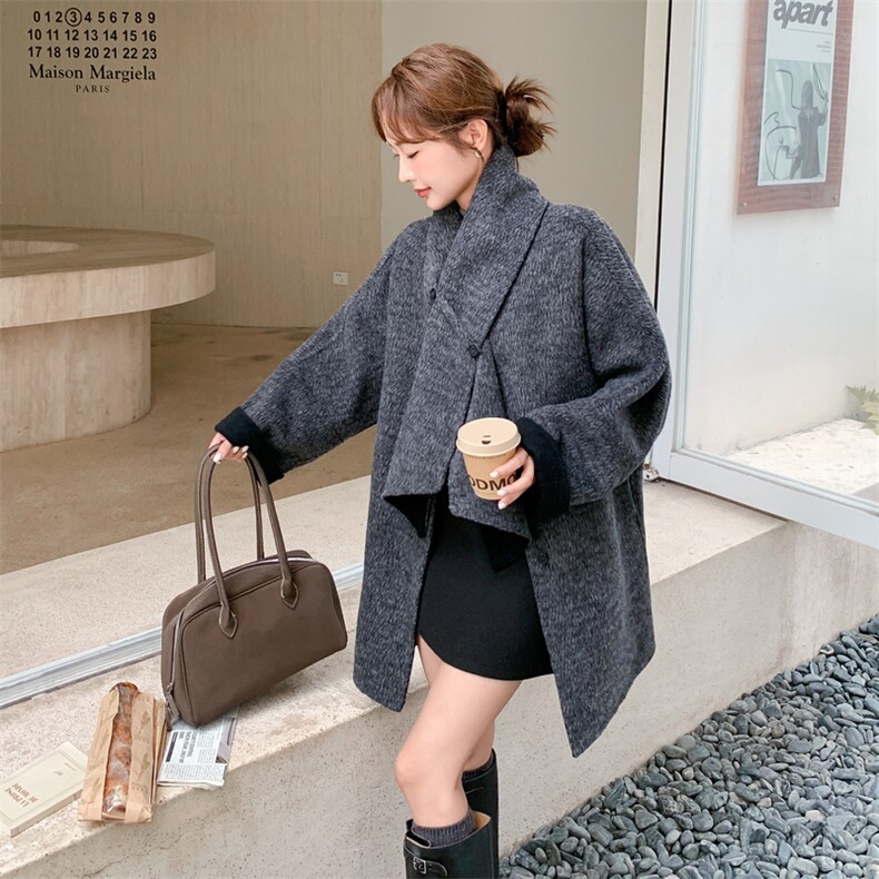 设计感可拆卸围巾双面羊绒大衣女2025冬季高级感优雅淡人毛呢外套,女装毛呢外套,2D014