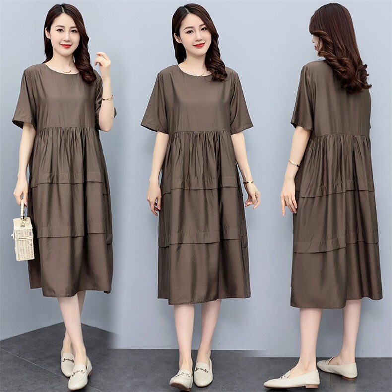 黑色短袖t恤裙子女2025年新款宽松遮肚显瘦时尚休闲圆领a字连衣裙，女装连衣裙，妃曼