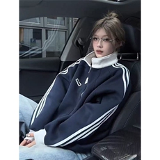 网图现货白灰色美式撞色翻领秋冬运动外套W023特P50，女装短外套，星座205-3