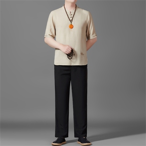 2025夏季亚麻绣花大码风男士透气棉麻盘扣长裤套装MJ5105T-P105图片