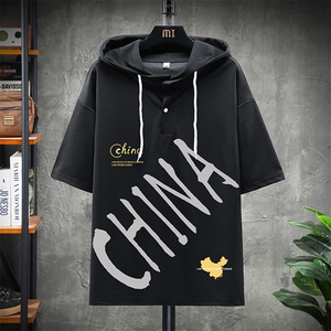 LD54208-P45 连帽短袖t恤男大码胖子带帽五分袖中袖 展架图片