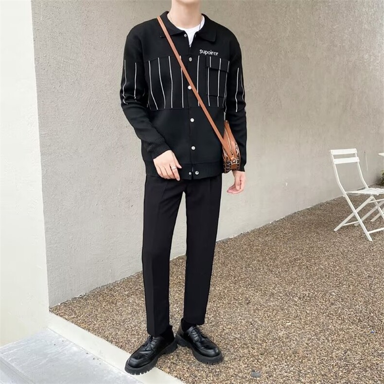 秋冬季新款男士翻领拼色条纹毛衣外套休闲羊毛针织开衫潮上衣G03,男装针织衫/毛衣,星座506