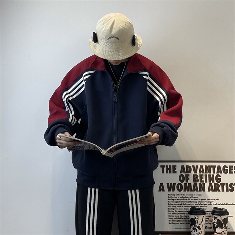抖音得物高品质26春装美式高街重磅织带拼接撞色立领卫衣外套CM41,女装短外套,电商A486