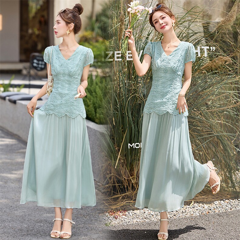 绿色连衣裙女夏新款蕾丝拼接花边假两件修身显瘦独特好看气质长裙，女装连衣裙，润尚靓点