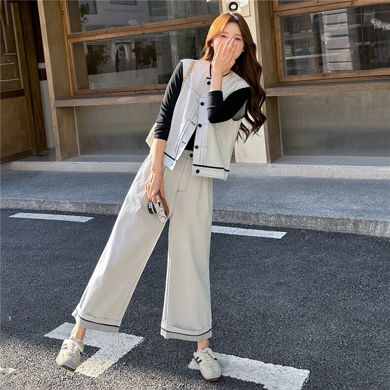 牛仔套装女2025秋季新款韩版拼接小个子工装马甲阔腿裤两件套,女装套装/套裙,瑶迪依秀