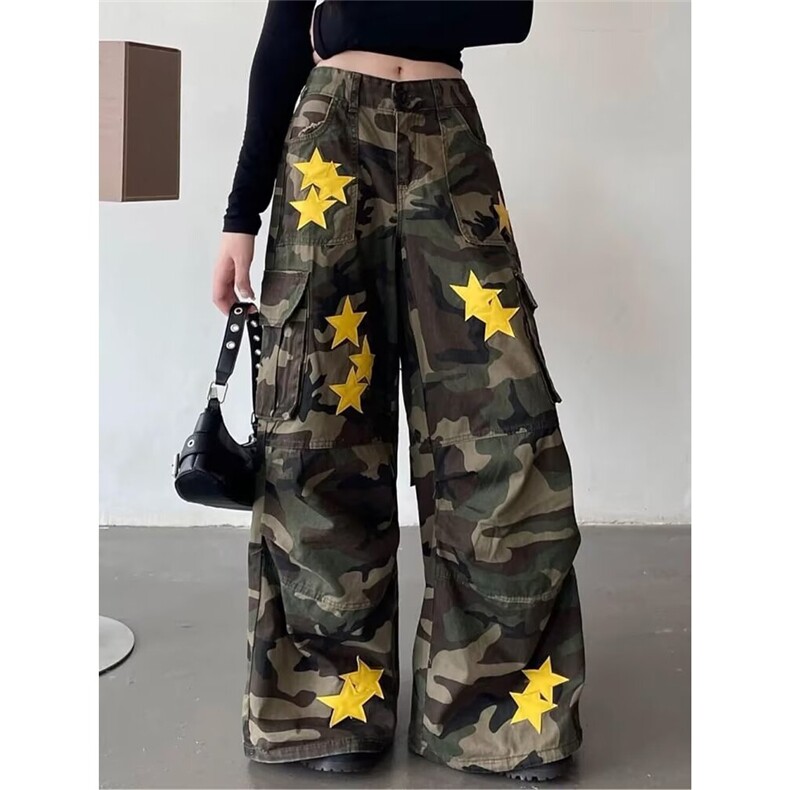 秋款男女迷彩牛仔裤工装裤大口袋褶皱五角星拼接长裤NK861P75,男装牛仔裤,星座1013-1