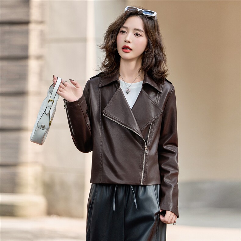 时尚拉链西装翻领皮衣外套女2025秋季新款修身显瘦气质机车风夹克,女装皮衣,臻衣坊