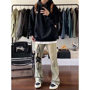 【有货】美式高街黄泥色牛仔裤男款直筒火焰残影裤子NZ05HH-特P58图片
