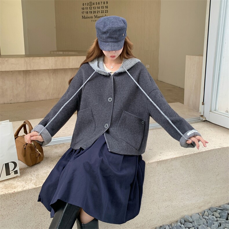 现货新款秋冬新款针织连帽拼接长袖羊绒外套女短款双面羊绒大衣潮,女装羊绒大衣,网红馆