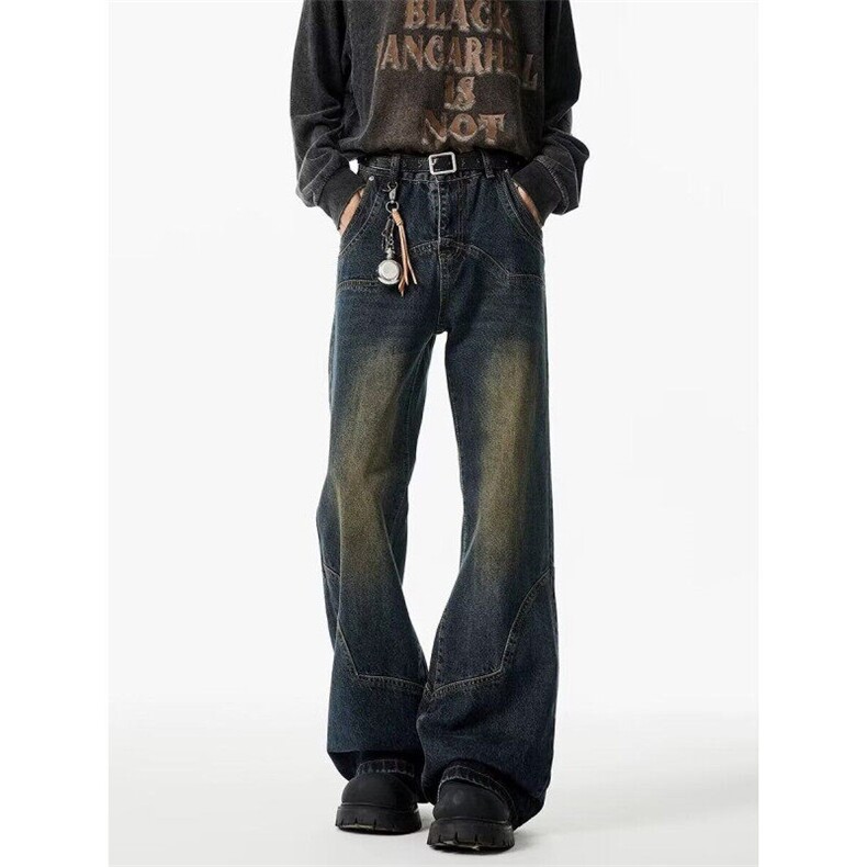 美式复古水洗小众牛仔裤高街百搭直筒阔腿裤KZ47995--TP40，男装牛仔裤，电商A247C