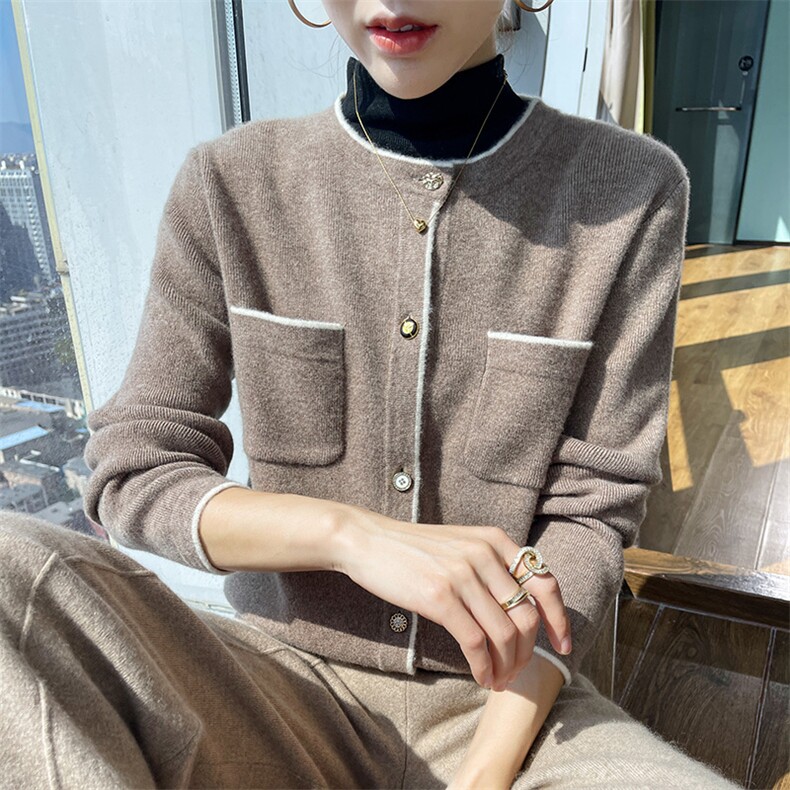 秋冬羊毛针织开衫女圆领撞色外套洋气宽松口袋毛衣外搭,女装羊毛衫,魅途羊绒