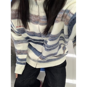 复古条纹开衫毛衣男女秋季休闲拼色拉链立领针织外套 MY341图片