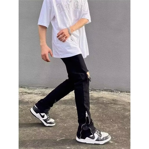 美式高街黑色牛仔裤男拉链开叉ootd穿搭高级感裤子直筒Z725P35.5