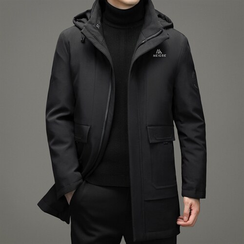 白鸭绒中长款连帽羽绒服男脱卸帽冬季男士冬装外套TLM82158-P305，男装羽绒服，电商B212（原钱塘6029）