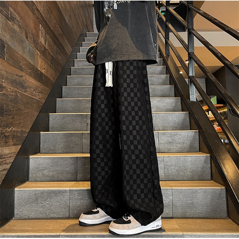 8XL-M特大码港风重磅棋盘格卫裤男士休闲运动裤直筒阔腿裤K961P60图片