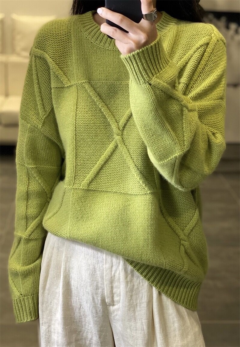 新款圆领提花宽松针织衫女秋冬外穿时尚百搭,女装羊毛衫,千御纺羊绒