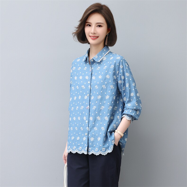 碎花衬衫女秋装2022新款韩版气质单排扣刺绣时尚宽松衬衣潮,女装大码女装,奕阳依阁