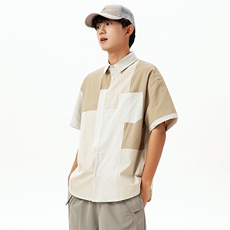 2024春季新款男日系潮牌拼接短袖衬衫宽松外套衬衣CS282-F76，男装衬衫，电商A101（原外27）