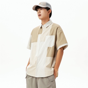 2024春季新款男日系潮牌拼接短袖衬衫宽松外套衬衣CS282-F76图片