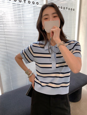 时尚条纹针织衫女短袖宽松显瘦百搭休闲上衣，女装针织衫/毛衣，沐策羊绒