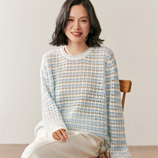 秋季新款镂空条纹圆领针织珊时尚休闲百搭，女装针织衫/毛衣，鸥蕊娅羊绒