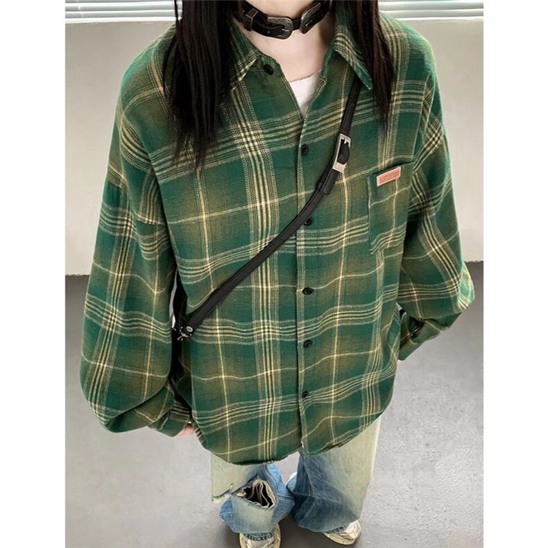 新款美式复古格子长袖衬衫街头衬衣情侣外套潮CSA12-P37,男装衬衫,星座208-5