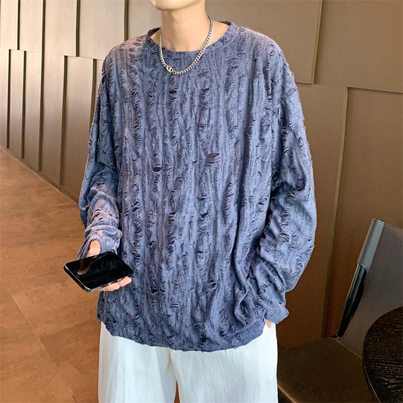 港风秋款男长袖T恤衫破洞流苏打底衫t393 P33图片