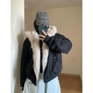 网图 鹿皮绒座山雕秋冬连帽猫耳朵男女情侣装棉服外套-A2350P80图片