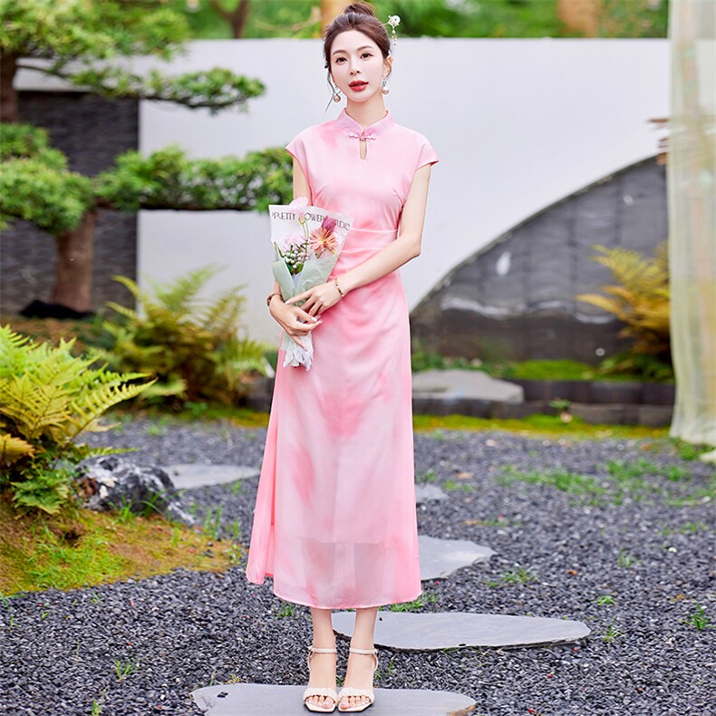芷墨夏季新中式复古改良旗袍裙女日常通勤显瘦镂空盘扣优雅长裙女,女装连衣裙,芷墨服饰