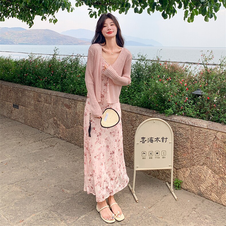 显瘦女装复古洋气时尚套装针织高腰法式长袖气质裙子蕾丝碎花夏季,女装连衣裙,2D075