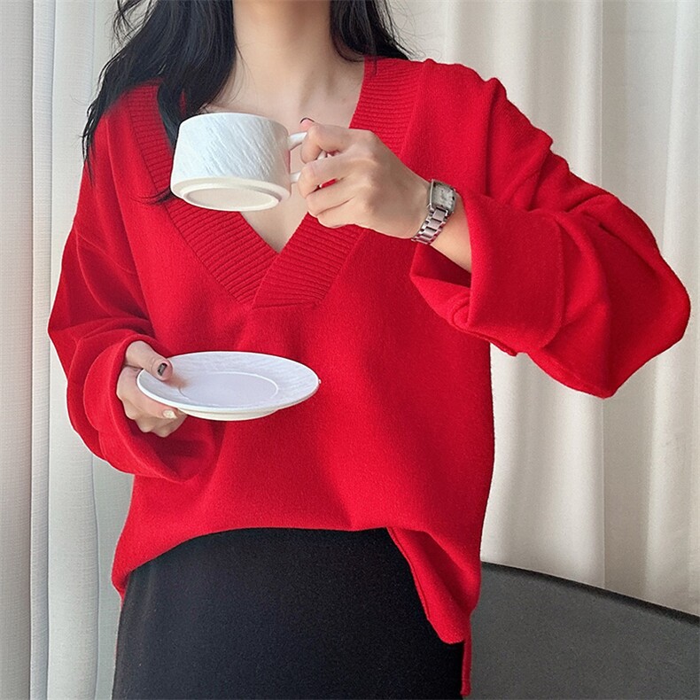 春季新款纯色V领羊毛衫女宽松针织显瘦打底套头衫毛衣，女装羊毛衫，臻纶羊绒