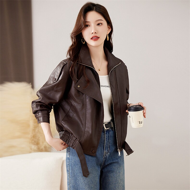 现货】皮衣外套女短款2025秋季新款小个子气质酷飒风复古PU皮夹克，女装皮衣，仁梯