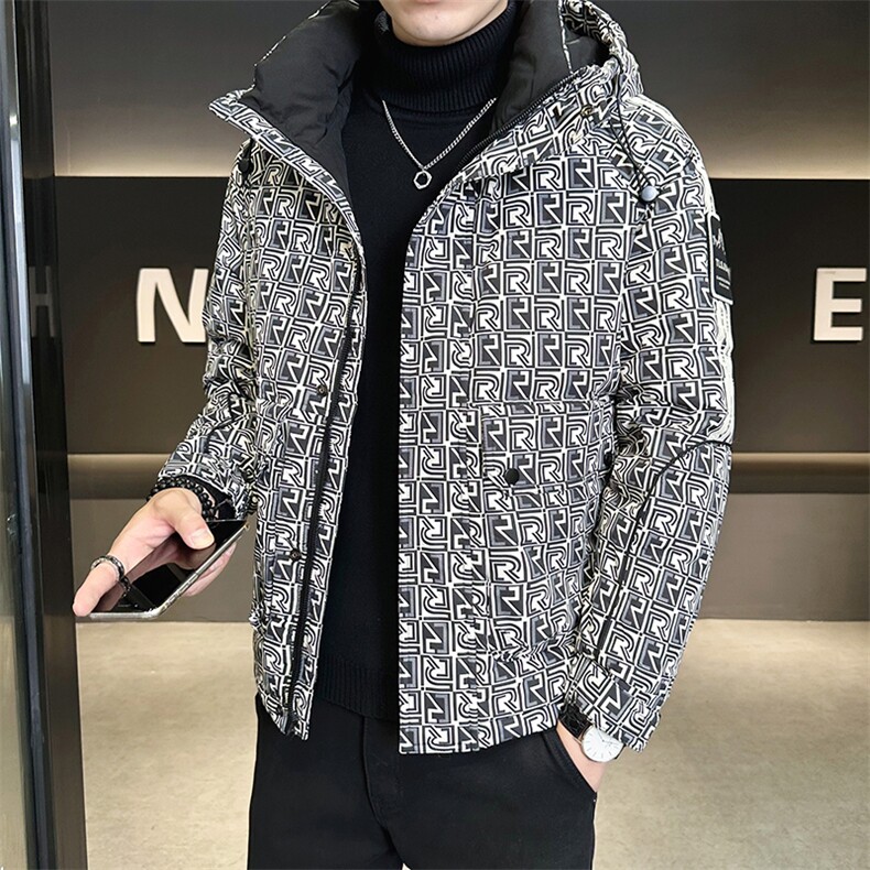工装字母满印花羽绒服男 新款设计感连帽外套 A329-YR9865-P185图片