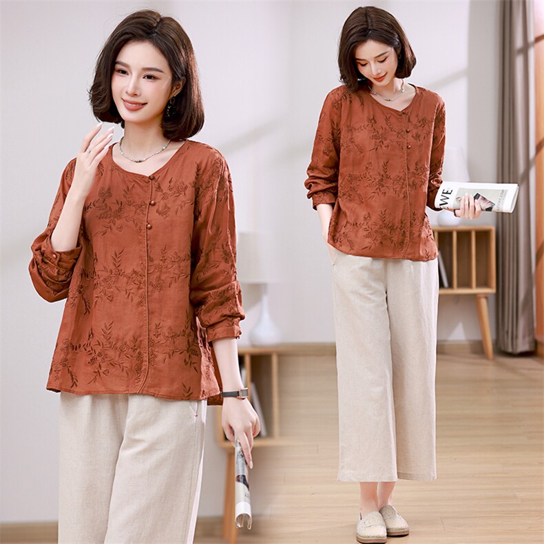 春季新款圆领棉麻套装阔腿裤时尚显瘦文艺风女装两件套，女装套装/套裙，希欧阁