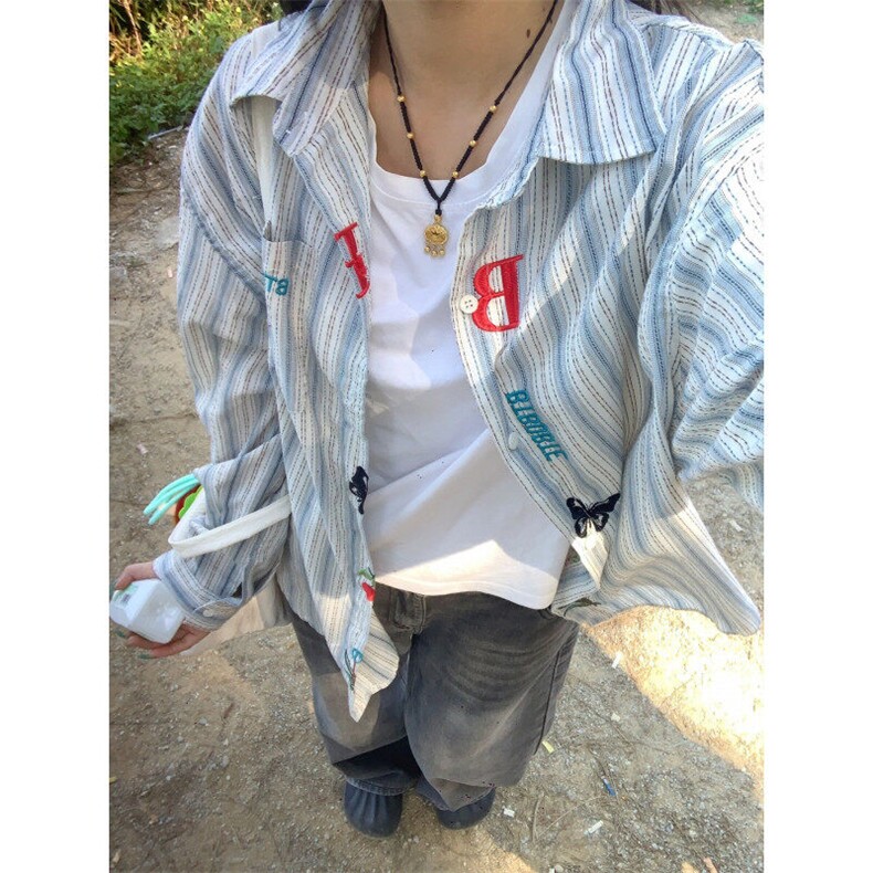 【有货】C3013CC-特P45 刺绣长袖条纹衬衫男女款休闲情侣衬衣图片