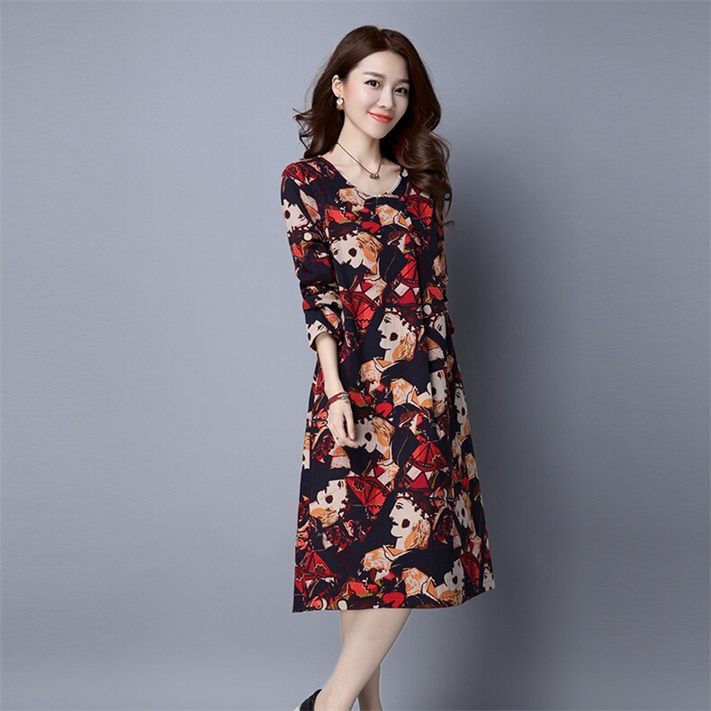 套头宽松腰连衣裙抽象图案圆领长袖长裙2021年秋季,女装连衣裙,独衣靓
