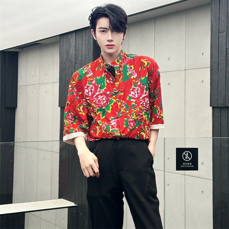 （自家图）风东北花衬衣中式唐装短袖民族风茶禅服2100-P68,男装T恤,星座910-5