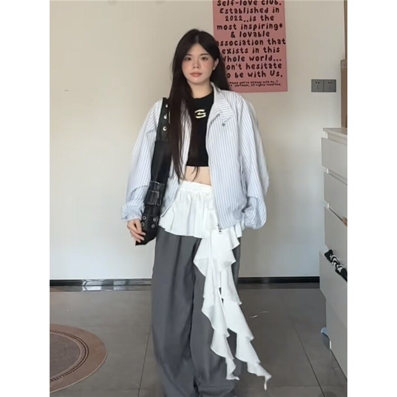 花边下摆胸花哈灵顿夹克男秋男女设计感上衣条纹外套HH8322P82,男装夹克,星座1013-5
