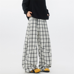 8XL-M龙叨叨同款高端阔腿黑白格子休闲裤男宽松弯刀裤K9171P55,男生长袖上衣穿搭图片
