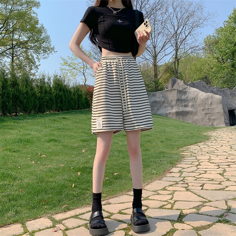 黑白条纹休闲短裤女2024夏季松紧腰抽绳韩版宽松百搭阔腿短裤,女装短裤/热裤,梦白服饰厂