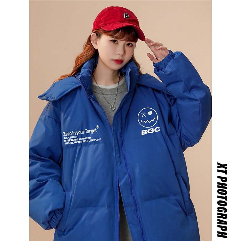 中性22冬季新品港风趣味笑脸字母印花加厚连帽棉衣MY205P115控158，男装棉衣，A247A