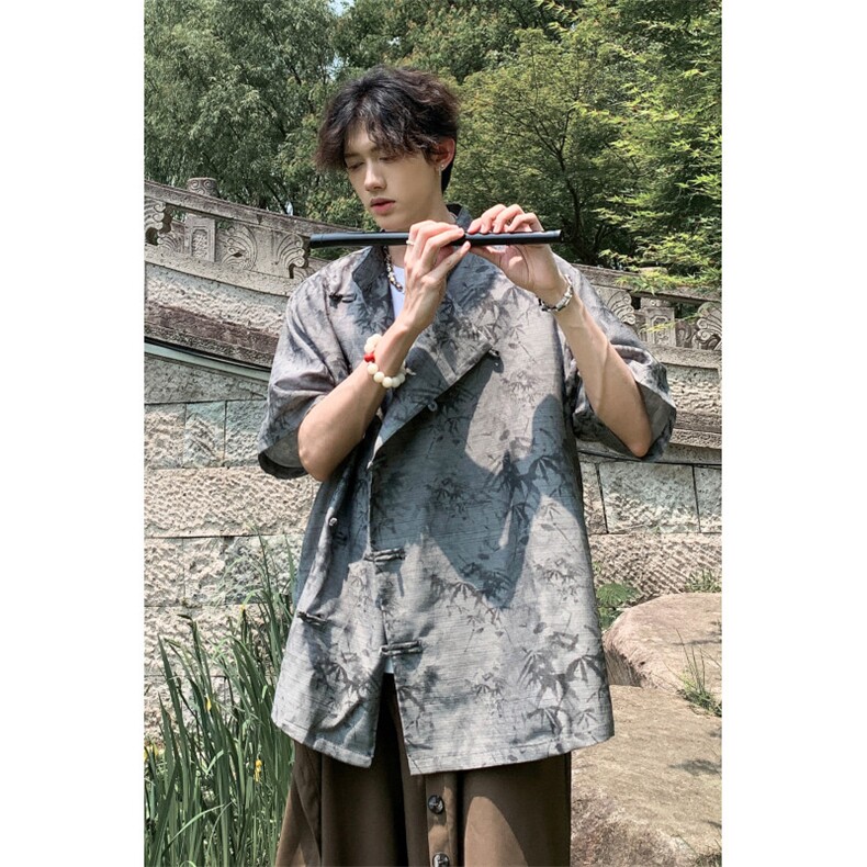 现货新中式风新款24夏季竹叶水印亚麻短袖上衣CS35-P65控88,男装T恤,电商A021