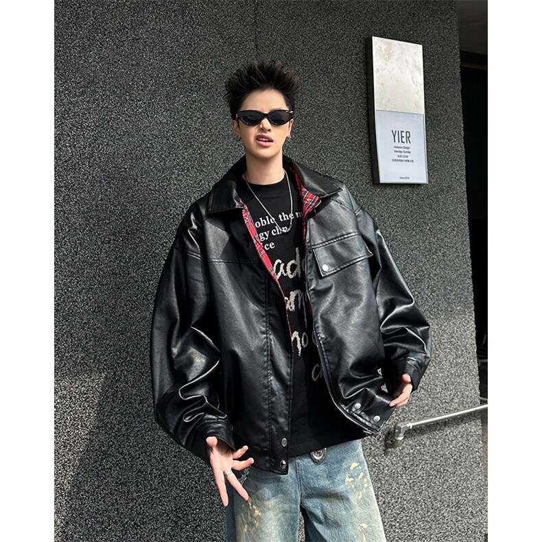美式新款PU皮衣格子两面穿夹克潮牌设计时尚外套图片