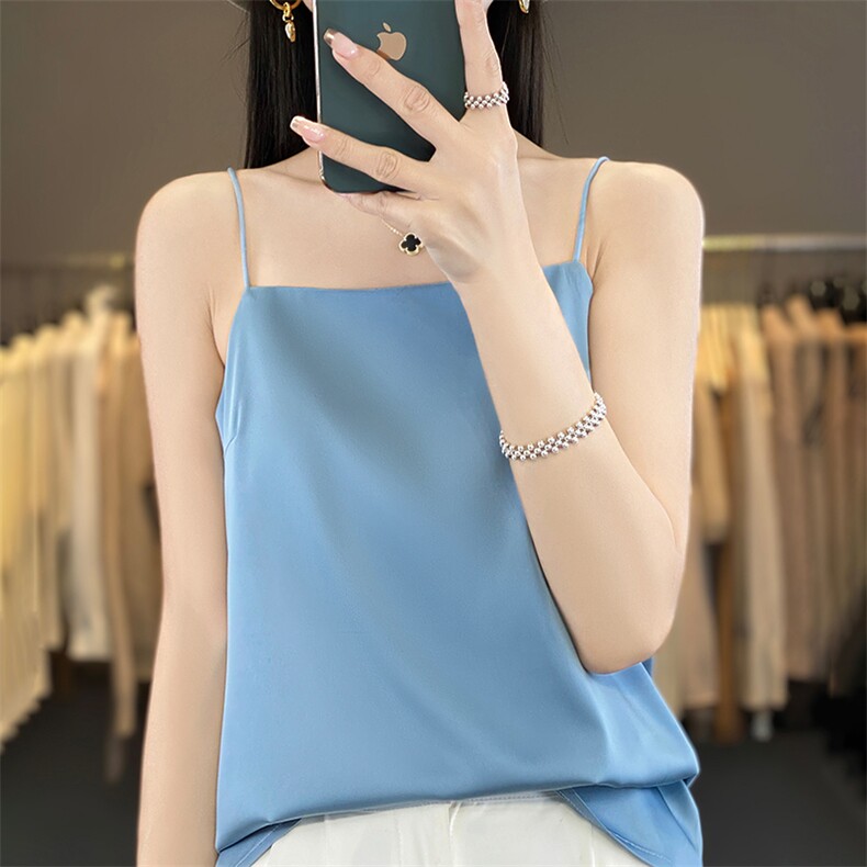 夏季新款醋酸真丝绸面一字领吊带女宽松百搭无袖背心纯色套头上衣,女装背心吊带,朝贺羊绒
