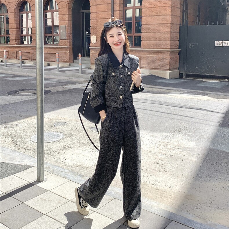 休闲撞色翻领短款毛呢长裙套装女春秋ootd穿搭两件套巨好看松弛感,女装套装/套裙,2B237