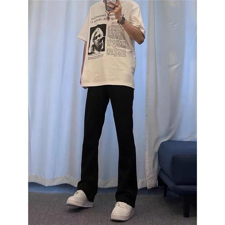 纯黑色加绒牛仔裤男款西海岸美式高街裤子显瘦vibe微喇裤图片